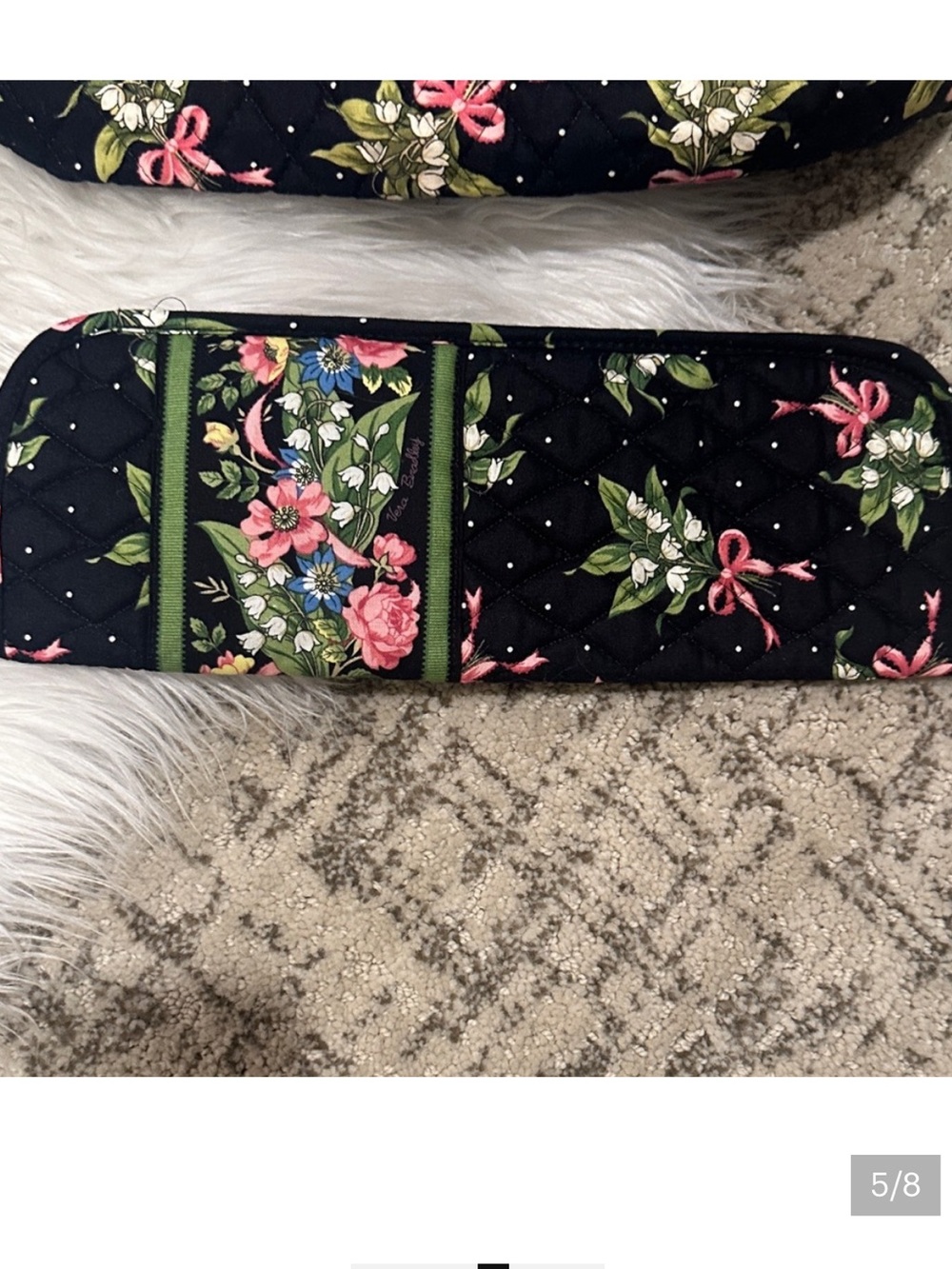Vera Bradley Quilted Pouch in Black with Pink Bows & Green Leaves - Picture 2 of 3